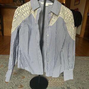 Veronica Beard Navy Striped Shirt with Cream Lace